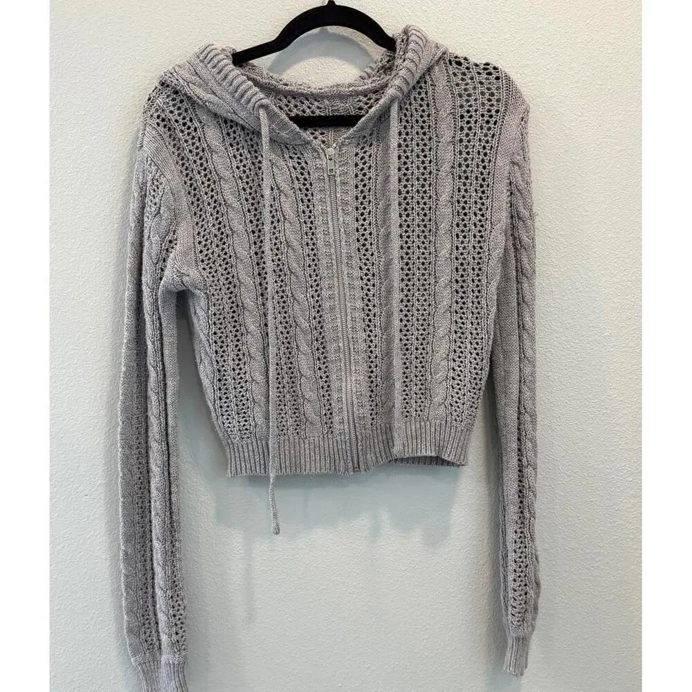 Cider Knit Hooded Zipper Hollow Out Cardigan in Gray, Women's Medium